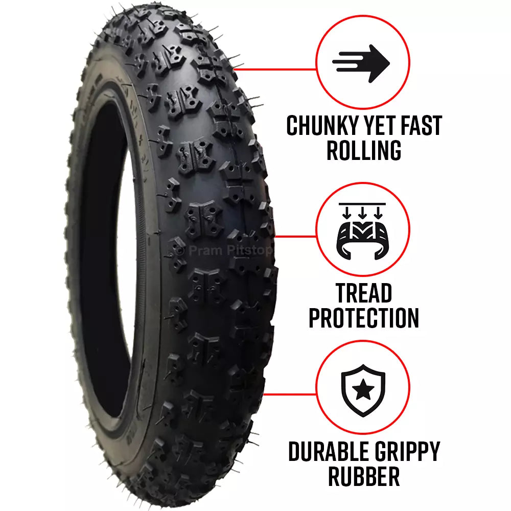 4 Pack - 12 1/2 x 2 1/4” Pram Tyres (Black) Proven Chunky / Easy-Rolling Tread Pattern