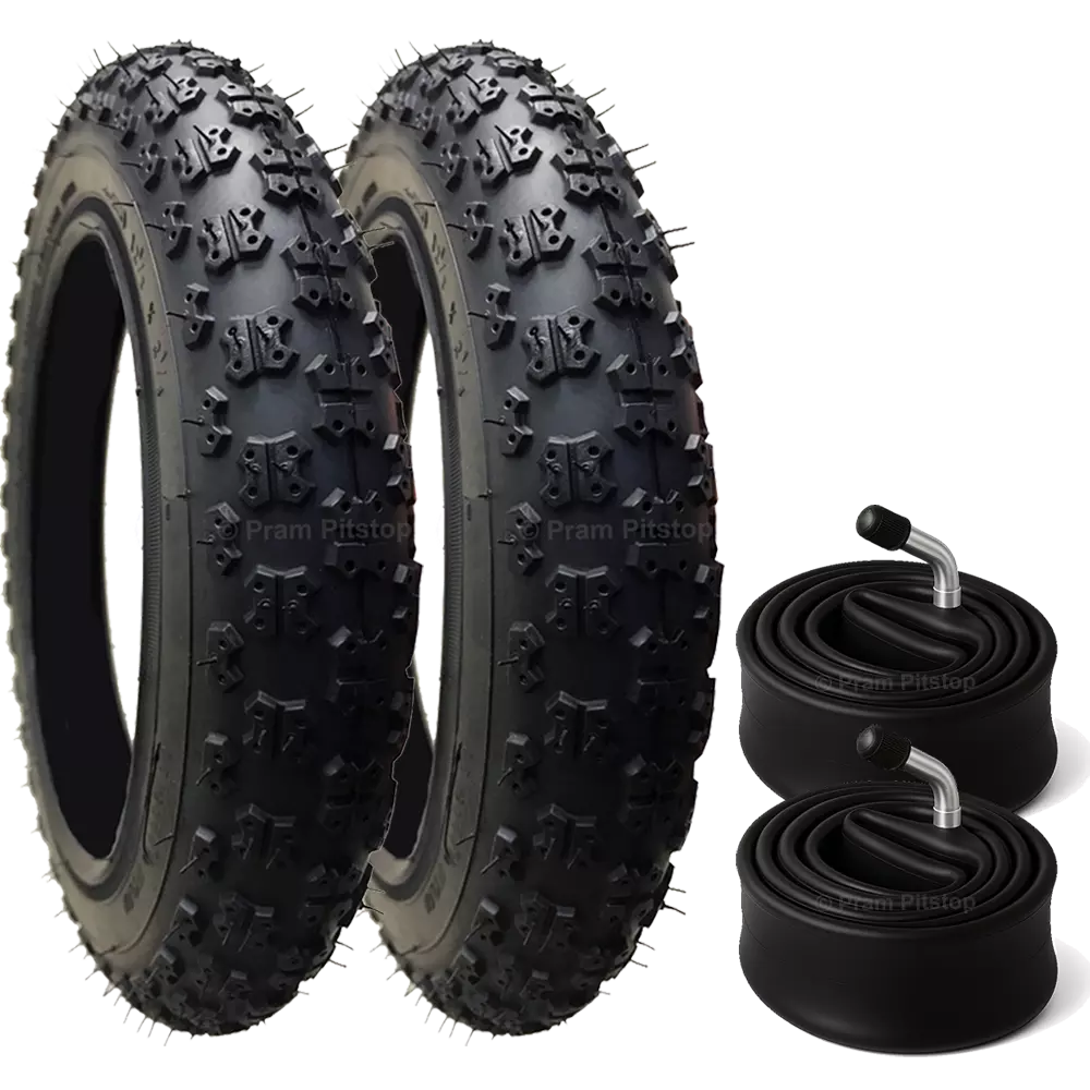 2 Pack - 12 1/2 x 2 1/4 Pram Tyres (Black) - Plus 2 x Inner Tubes (Angled or Straight Valve Option)