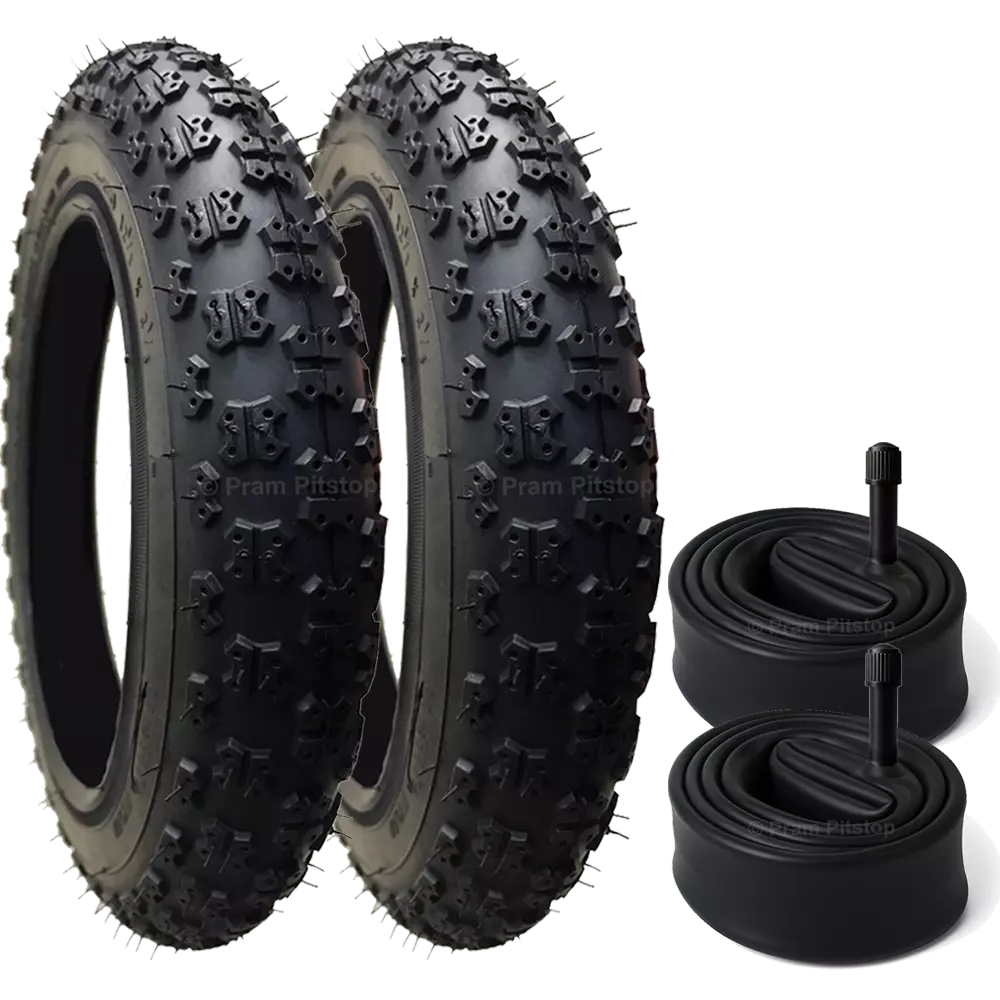 2 Pack - 12 1/2 x 2 1/4 Pram Tyres (Black) - Plus 2 x Inner Tubes (Angled or Straight Valve Option)