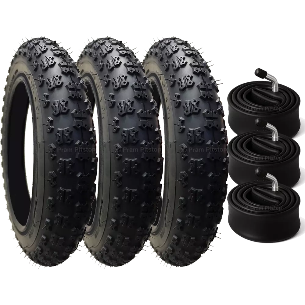3 Pack - 12 1/2 x 2 1/4 Pram Tyres (Black) - Plus 3 x Inner Tubes (Angled or Straight Valve Option)