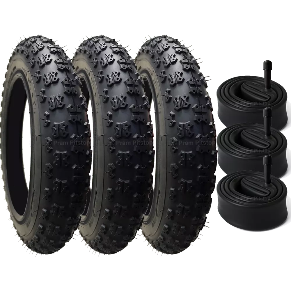 3 Pack - 12 1/2 x 2 1/4 Pram Tyres (Black) - Plus 3 x Inner Tubes (Angled or Straight Valve Option)