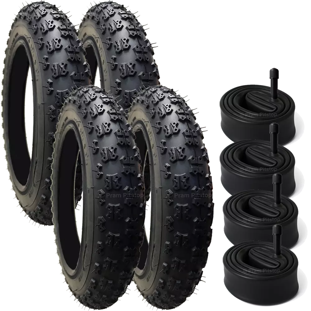 4 Pack - 12 1/2 x 2 1/4 Pram Tyres (Black) - Plus 4 x Inner Tubes (Angled or Straight Valve Option)