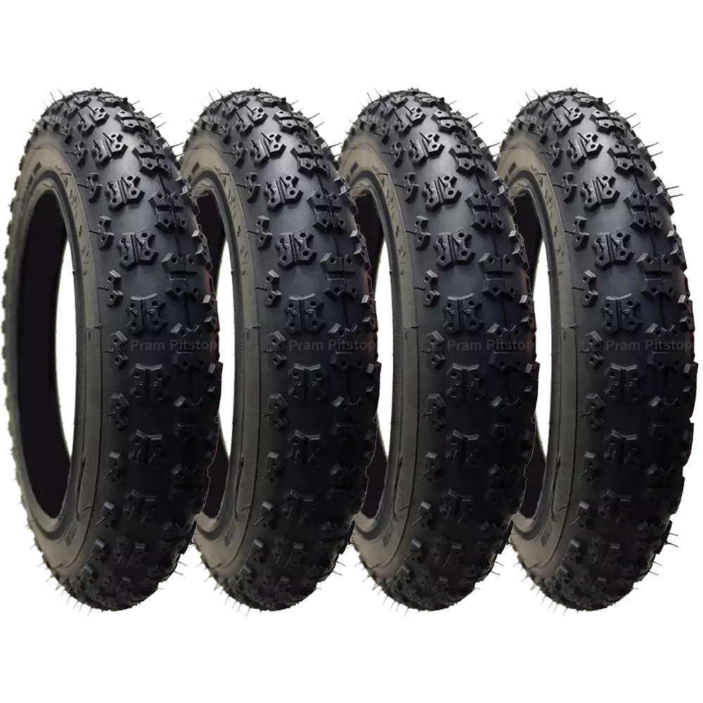 4 Pack - 12 1/2 x 2 1/4” Pram Tyres (Black) Proven Chunky / Easy-Rolling Tread Pattern