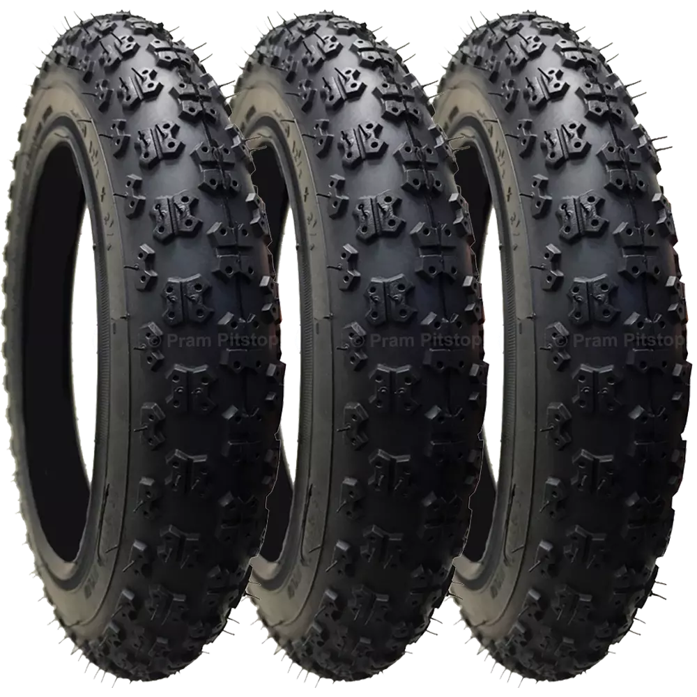 3 Pack - 12 1/2 x 2 1/4” Pram Tyres (Black) Proven Chunky / Easy-Rolling Tread Pattern