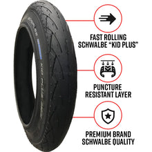 Load image into Gallery viewer, 2 Pack - 12 x 1.75” Pram Tyre (Puncture Resistant Layer) Schwalbe &#39;Kid Plus&#39; Premium Quality