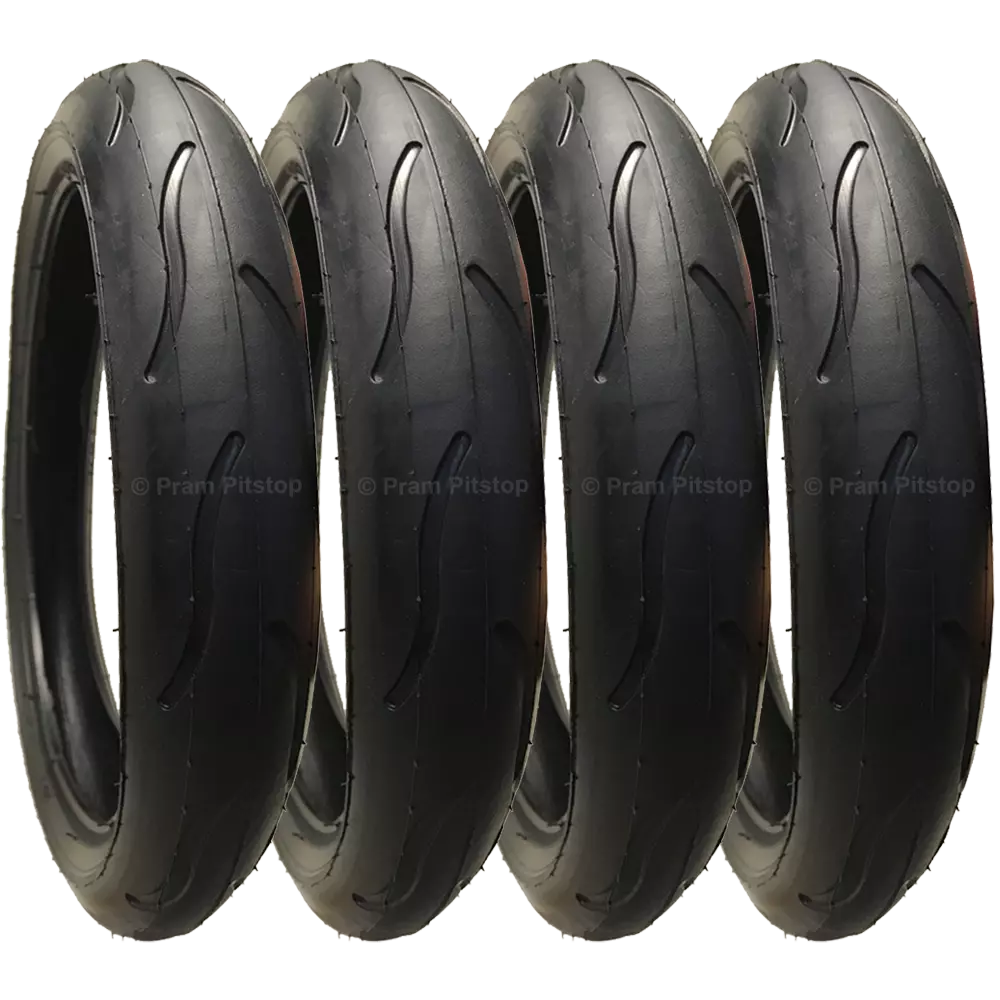 4 Pack - 300 x 55 Pram Tyres (Low Profile) Black. Fast Rolling & Long Lasting